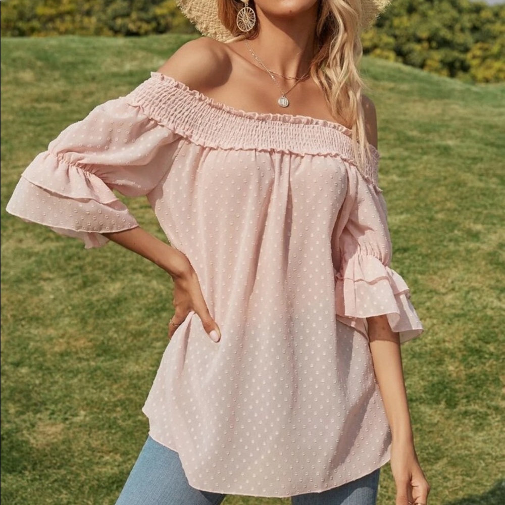 Blush pink off shoulder blouse - Picture 1 of 7